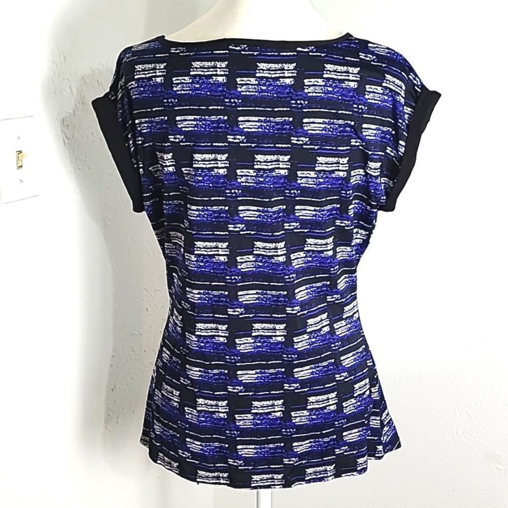 Mandy Evans Navy, Black & White Print Top, Aysemetrical Hem with Belt, Sz Large - Picture 7 of 9